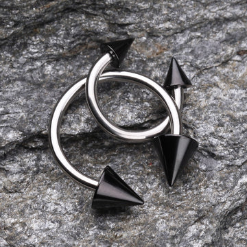 Detail View 1 of Colorline PVD Spike Ends Steel Horseshoe Circular Barbell-Black